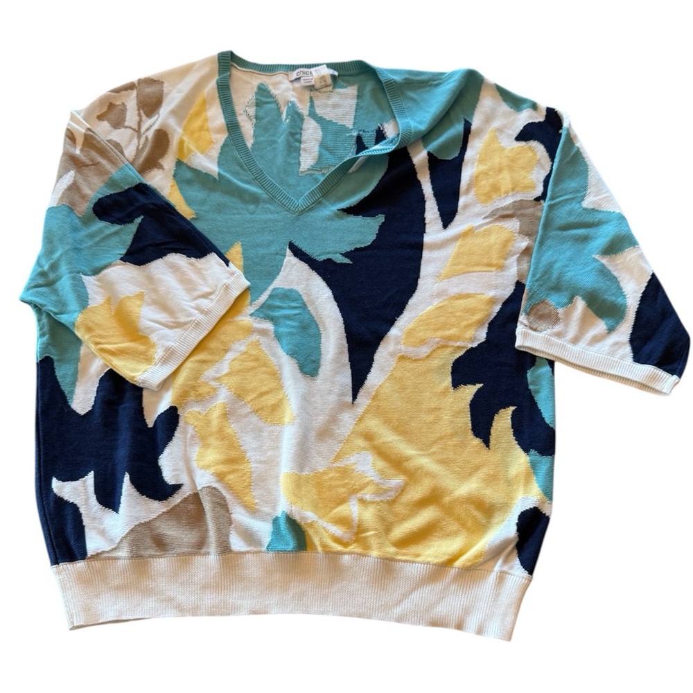 Chico's V-Neck Multicolor Leaf Pattern Sweater 1 - image 1